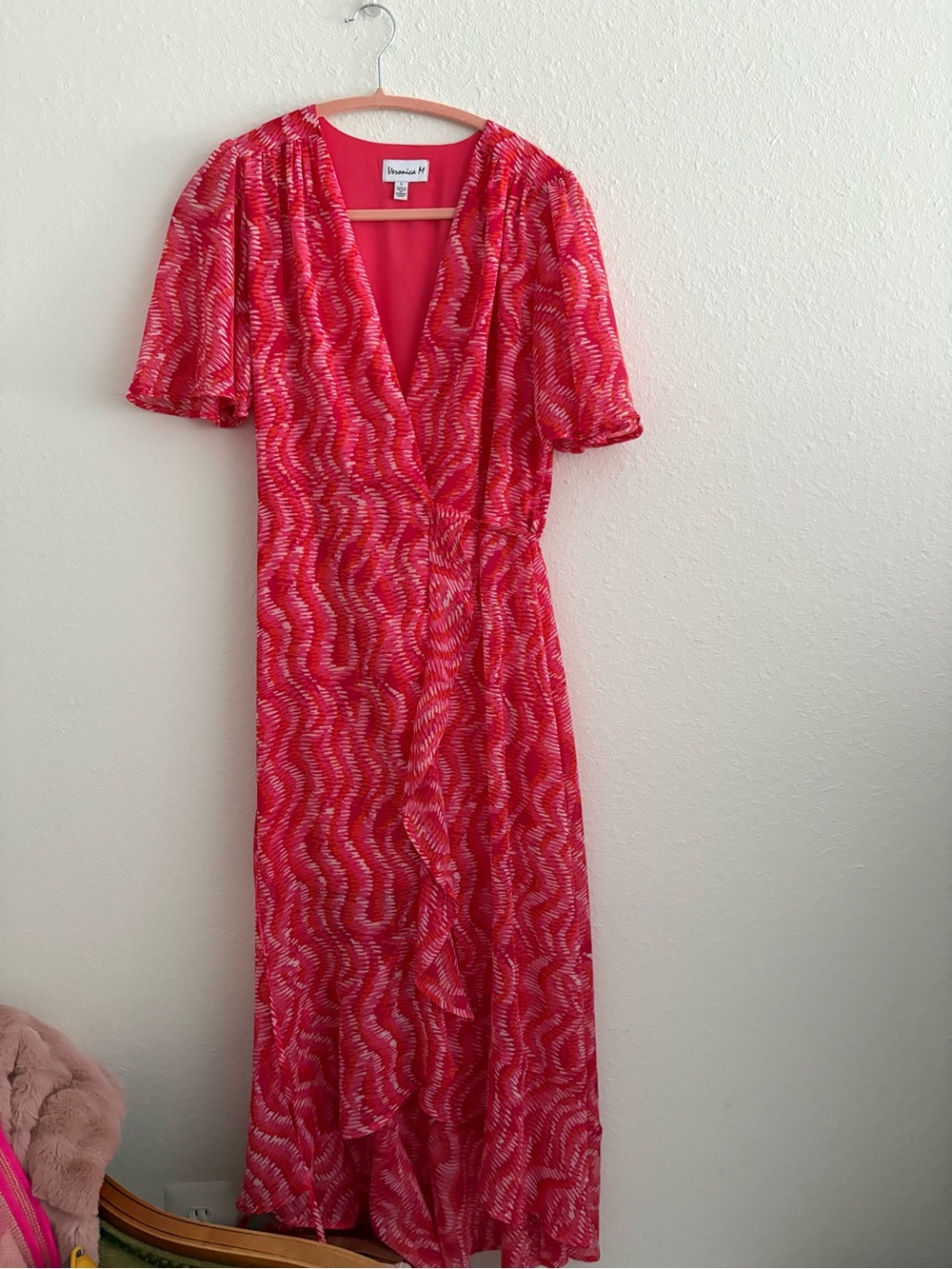 Veronica M short sleeve pink and red sparkle Wrap Dress Small - Picture 3 of 4
